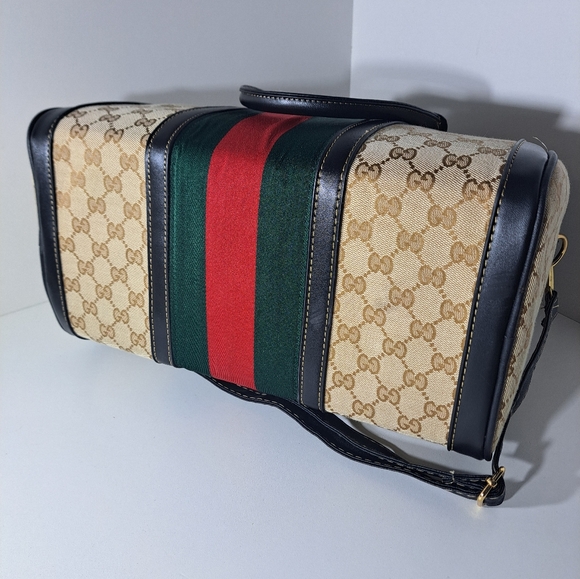 Luxury Beige Canvas Satchel with Green and Red Web Stripe. - Picture 7 of 9